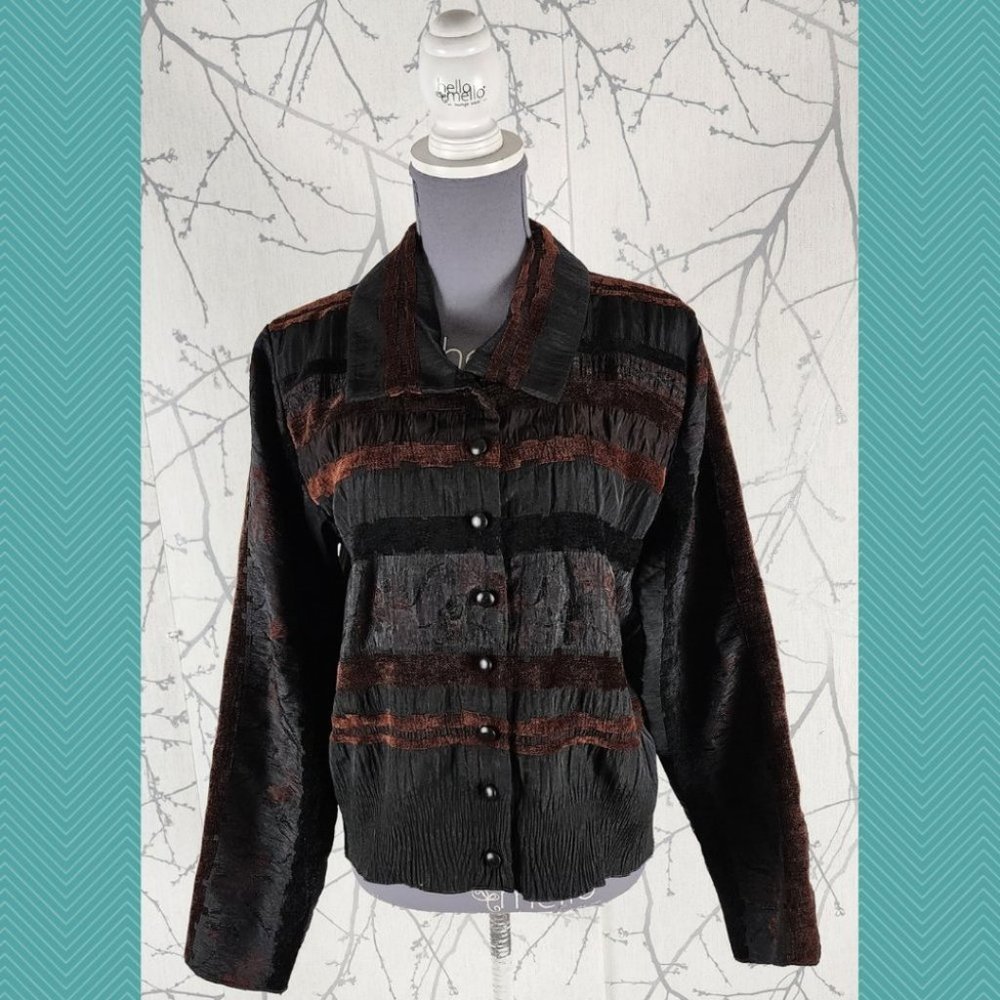 Linda Lundstrom Black Crinkle Embroidered Button Front Jacket Whimsigoth